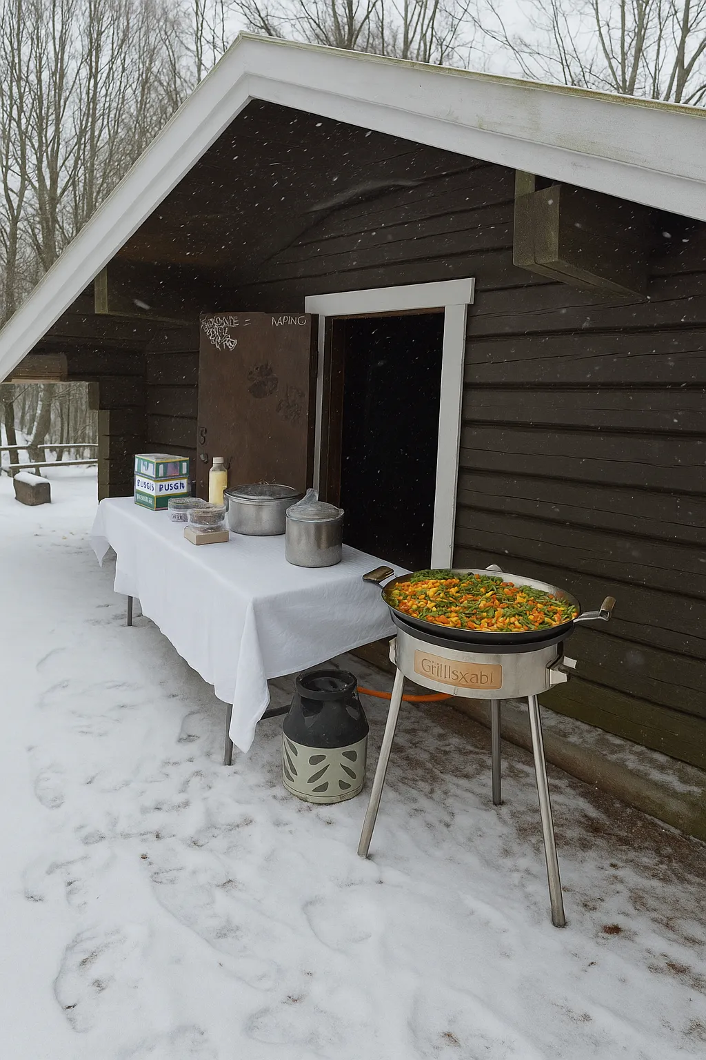 Catering utomhus med stekpanna och dukat bord